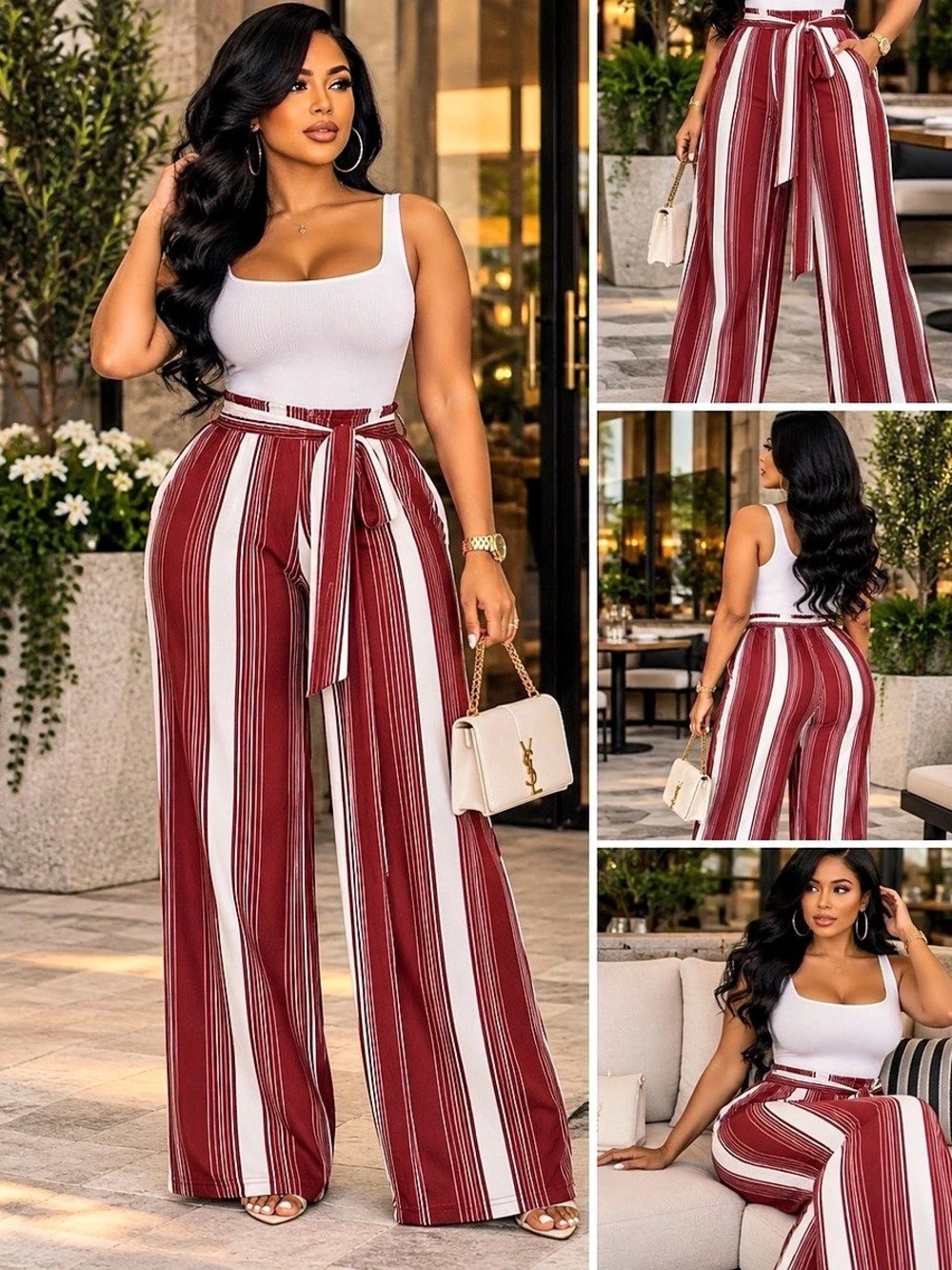 Striped Wide Leg Pants in Red & White